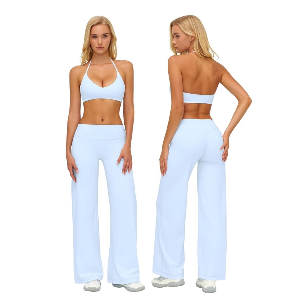 Two Piece Workout Set for Women V Neck Halter Sport Bra Straight Leg Yoga Pant